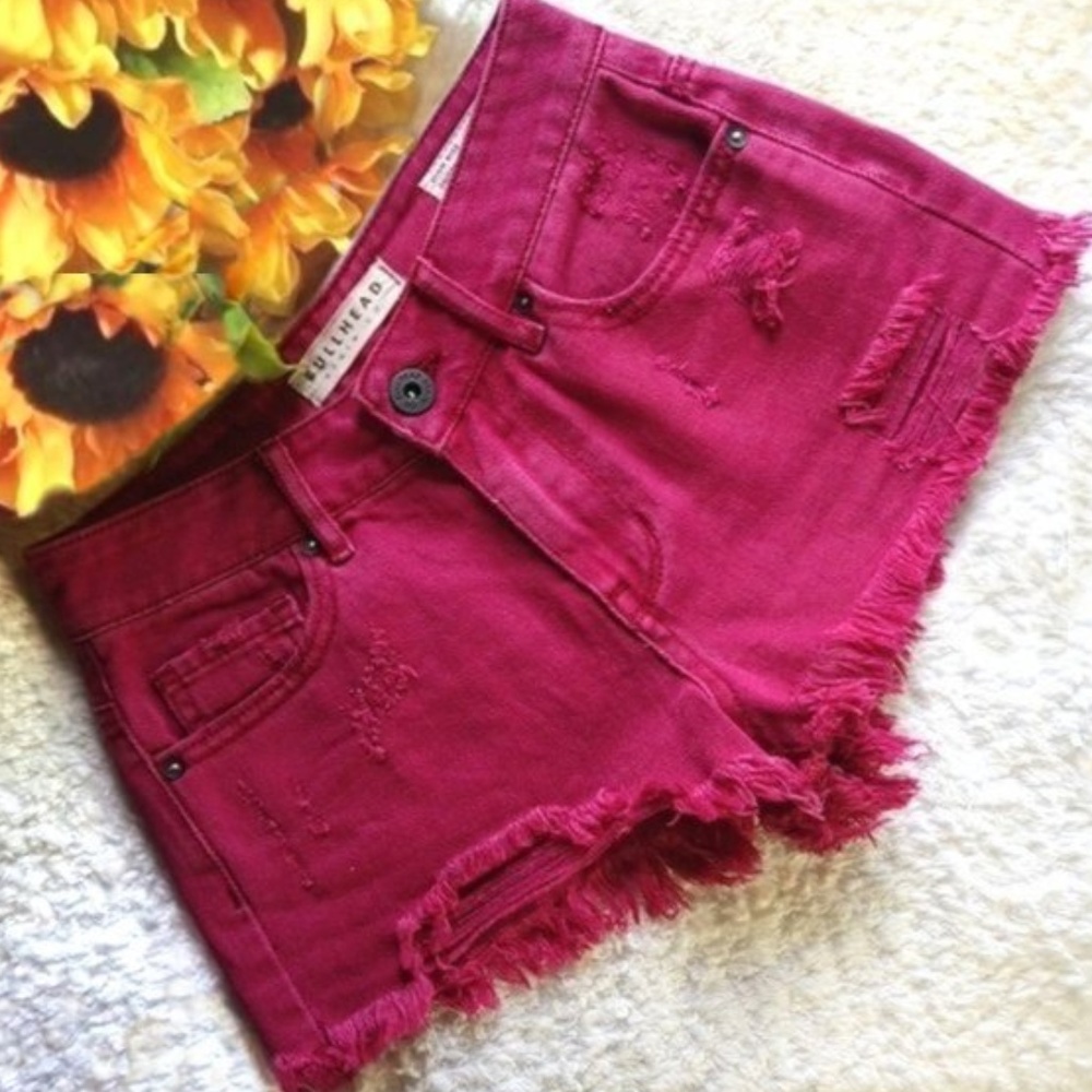 BULLHEAD Distressed High Waist Denim Shorts sz 00 / XXS Red Burgandy - Picture 5 of 6